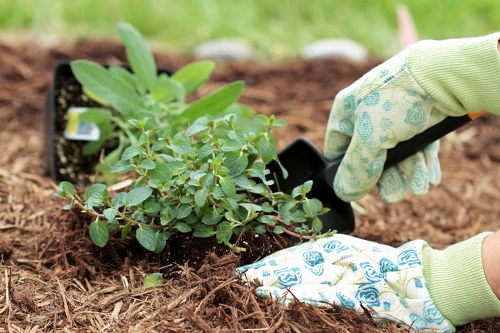 Worker handling garden rubbish with protective equipment